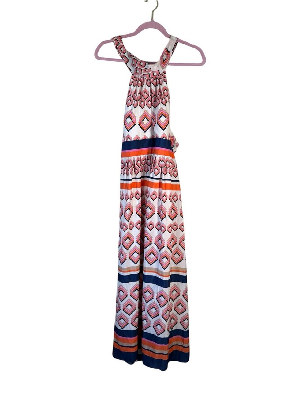 Eliza J White Orange Geometric Print Maxi Dress Womens 6P Halter Summer Beachy